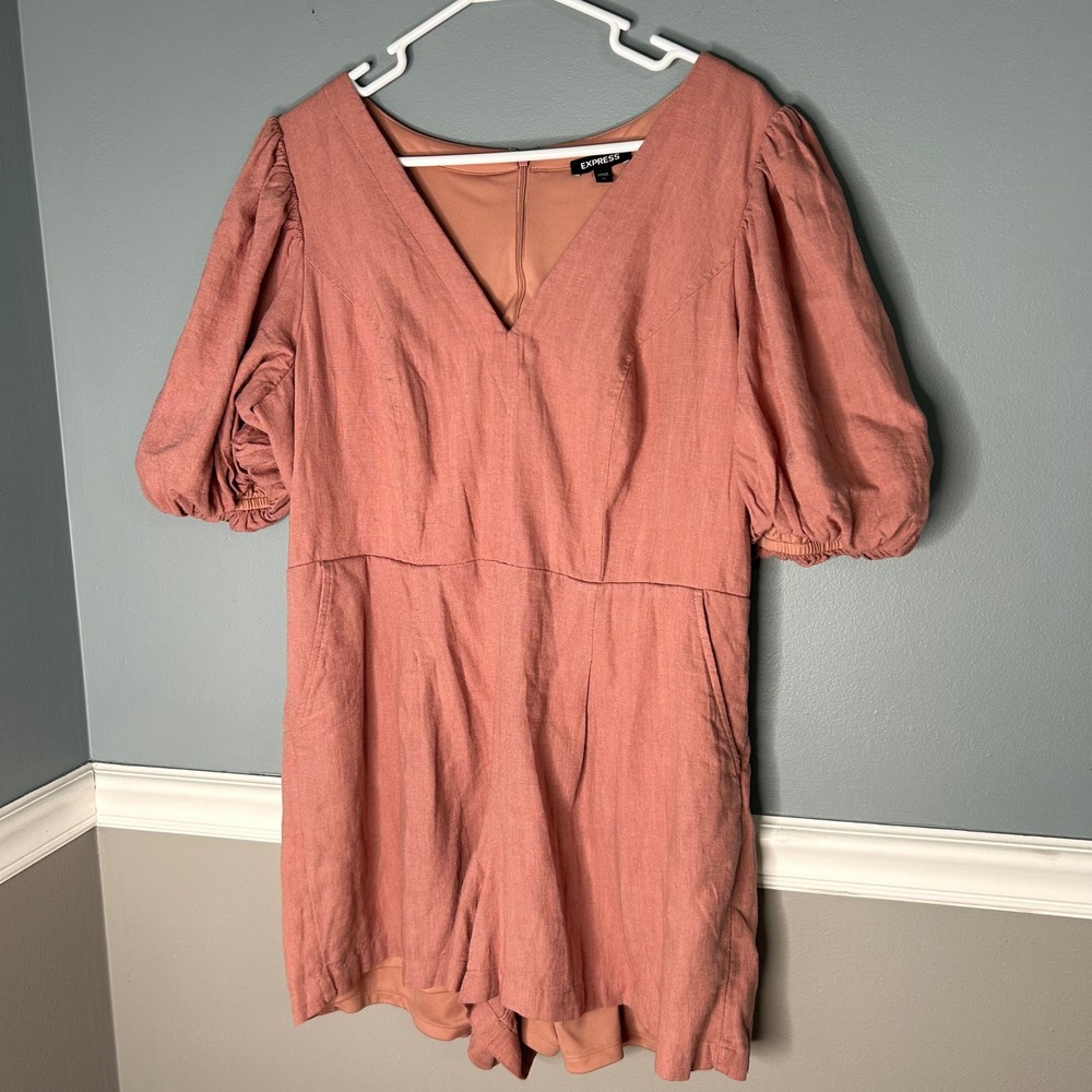 Express Womens XL Rose Pink Linen Blend Puff Sleeve V-Neck Romper Jumpsuit - Picture 7 of 9